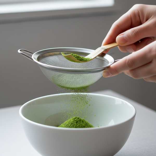 <b>Step 1:</b> Sift 3g (0.11 oz) of matcha (2 heaping tea ladles or 1.5 level teaspoons.)