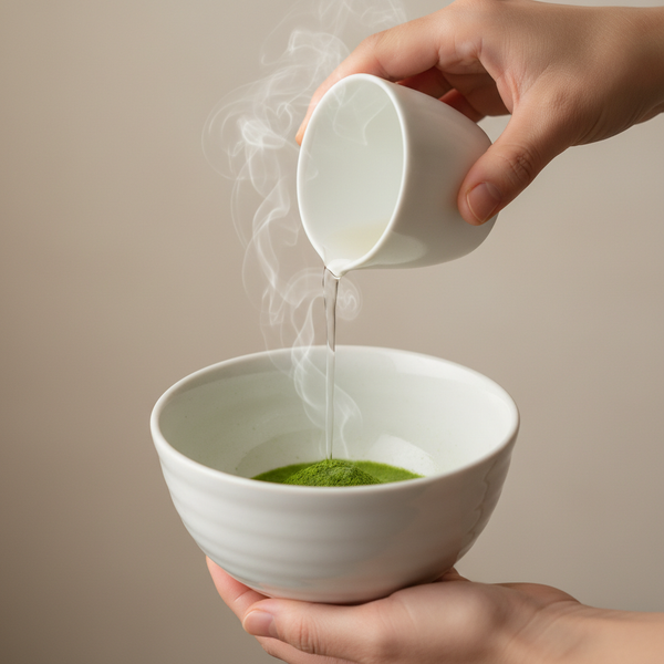 <b>Step 2:</b>Pour boiling water into a teacup to cool it to 80°C (176°F), then pour 100 ml (2 oz) into tea bowl.