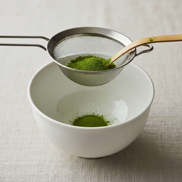 <b>Step 1: </b>Sift 2g of matcha powder into the bowl.